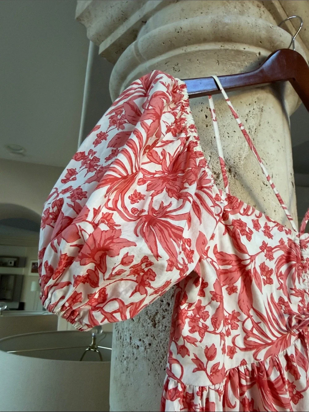 Aqua Coral and Creme White Floral Cotton Maxi Dress with Puff Sleeves Sz Small